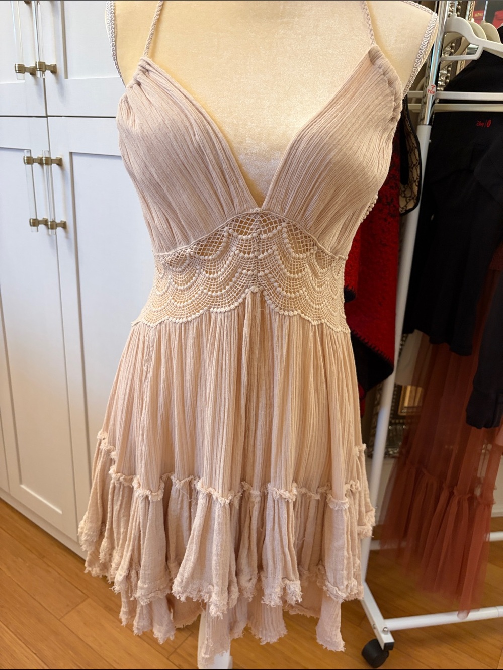 Free People Blush Cream Lace-Trim Spaghetti Strap Mini Dress